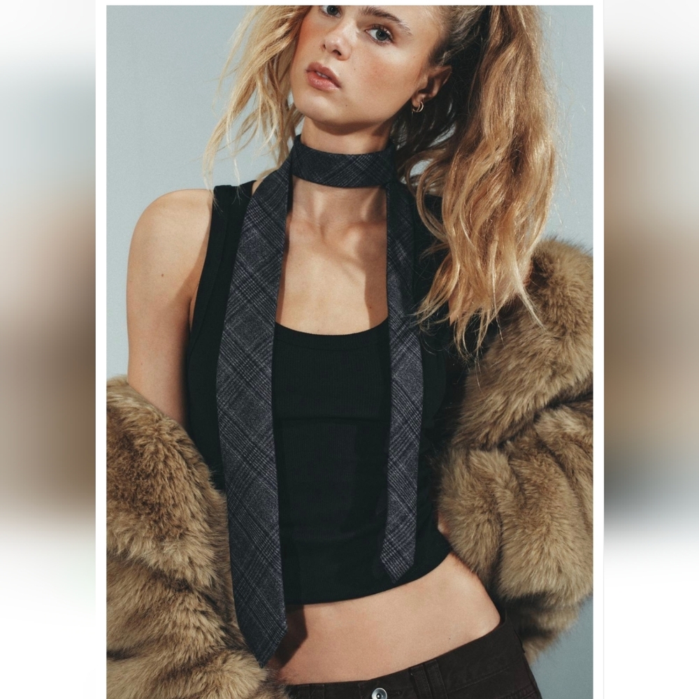 Black Tank Top with Gray Plaid Tie